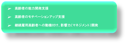 高齢者の能力開発支援　高齢者のモチベーションアップ支援　継続雇用高齢者への動機付け、影響力（マネジメント）開発